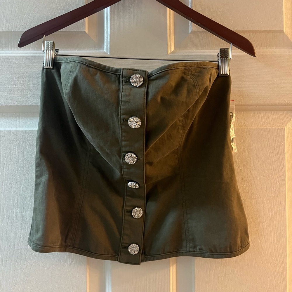 White House Black Market Olive Green Strapless Button-Front Corset Strapless Top